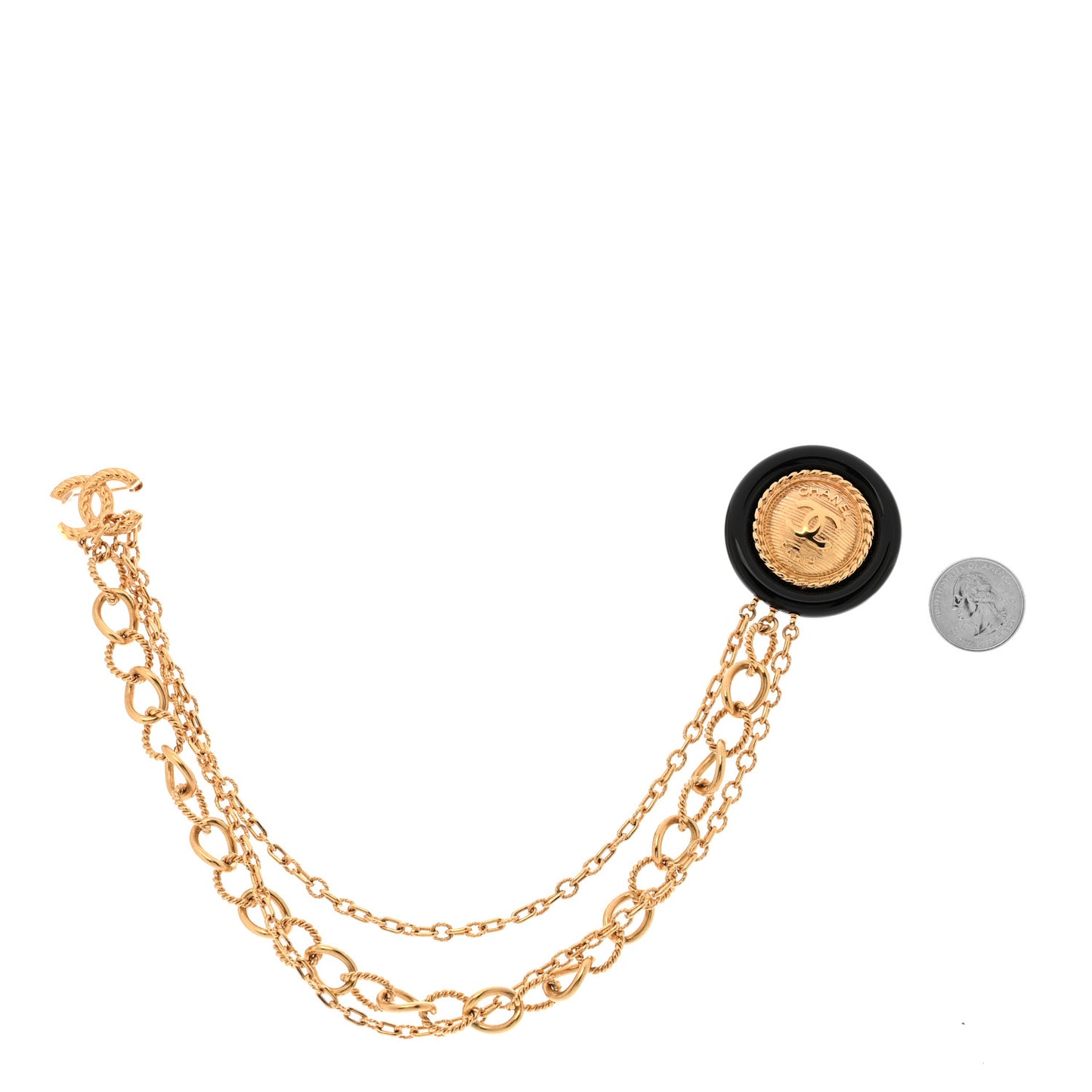 CC Medallion Multi Strand Long Chain Brooch Gold Black
