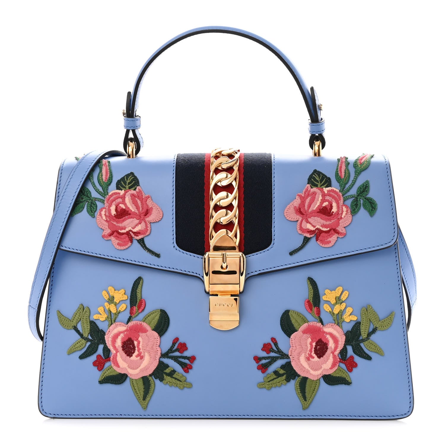 Gucci Calfskin Embroidered Medium Sylvie Top Handle Bag Clear Sky Blue 1 of 13