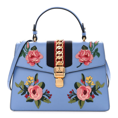 Gucci Calfskin Embroidered Medium Sylvie Top Handle Bag Clear Sky Blue 1 of 13