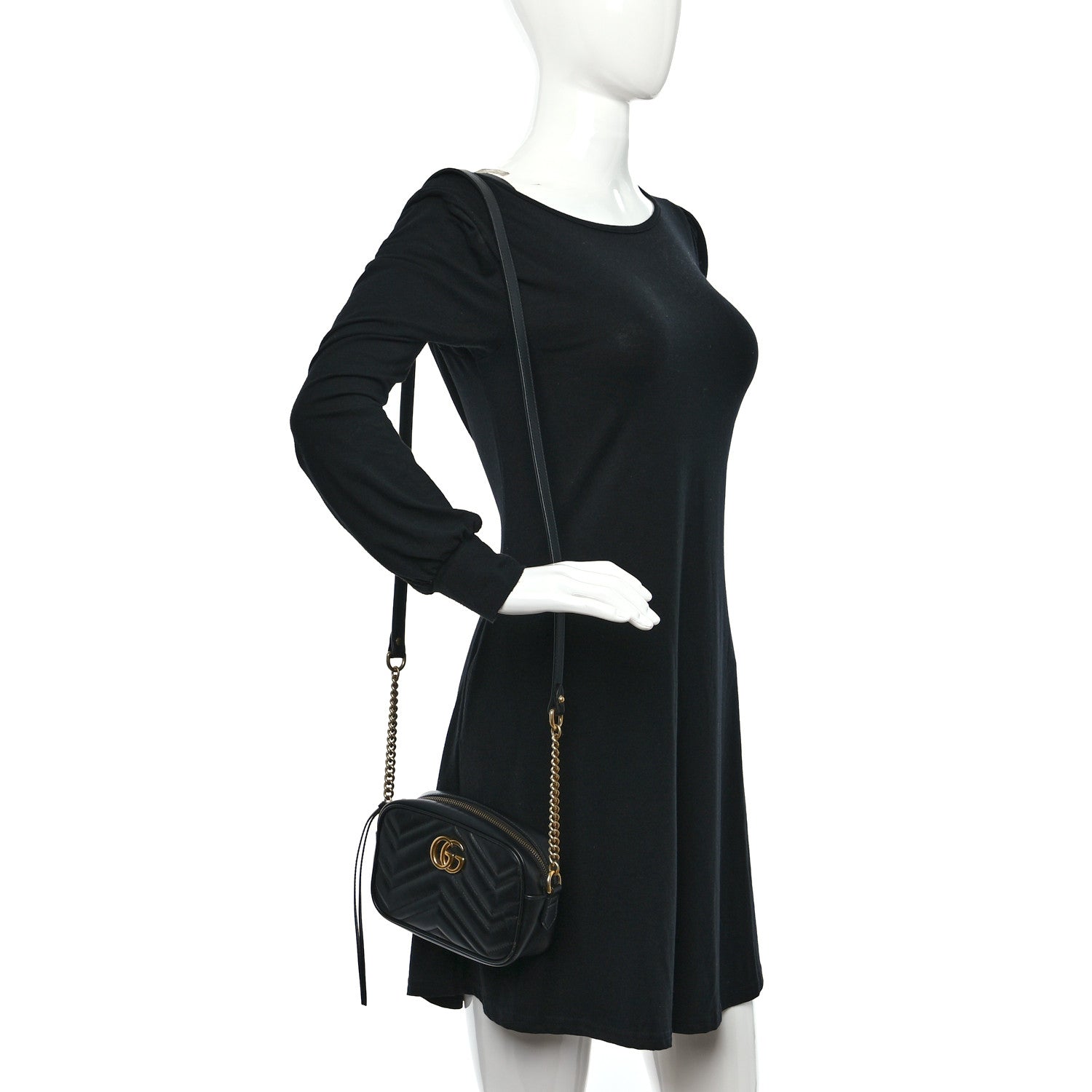 Gucci Calfskin Matelasse Mini GG Marmont Chain Shoulder Bag Black 2 of 9