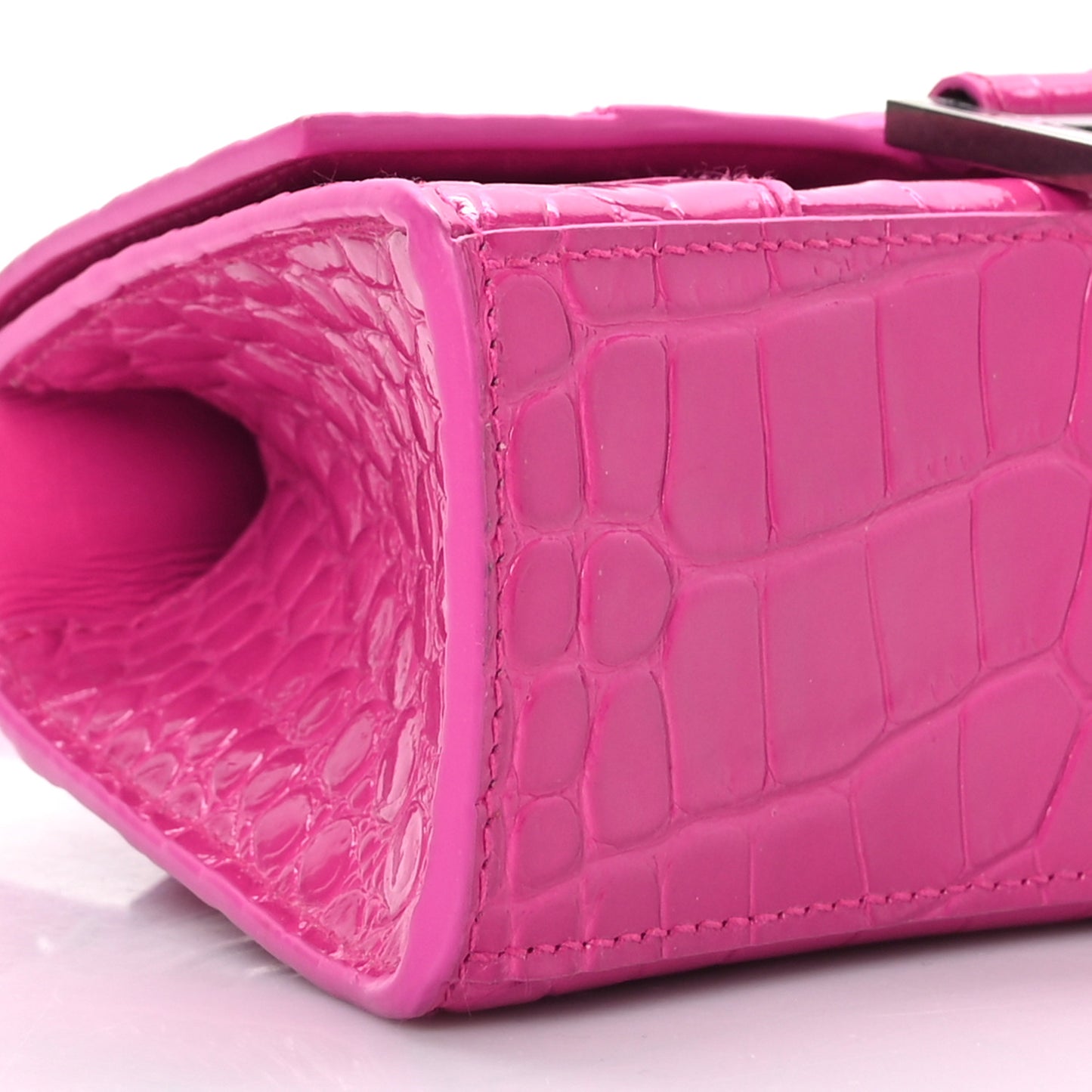 Shiny Calfskin Crocodile Embossed Hourglass Top Handle Bag XS Lipstick Pink