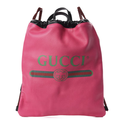 Gucci Grained Calfskin Logo Drawstring Backpack Box Pink Green Black 1 of 9