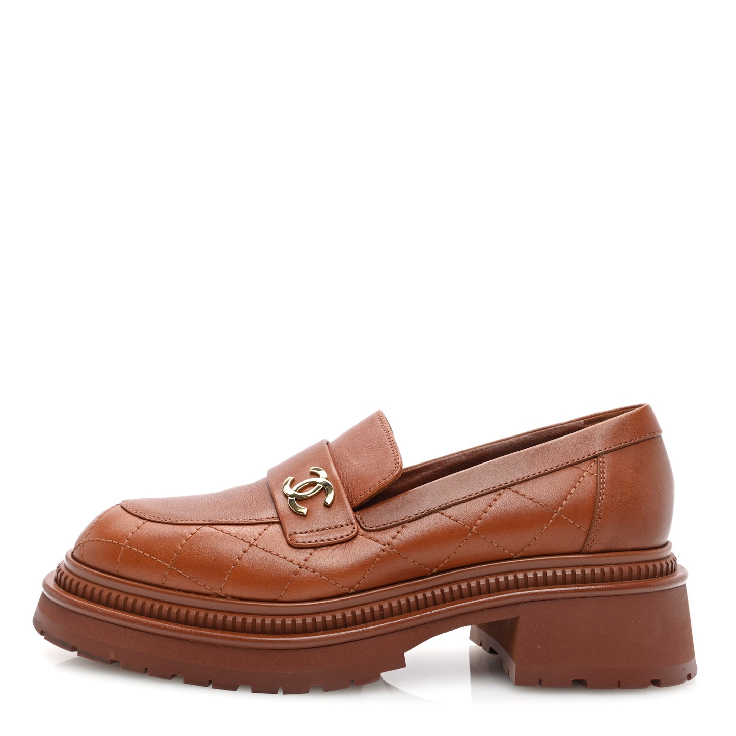Calfskin Quilted CC Mocassin Loafers 38 Light Brown