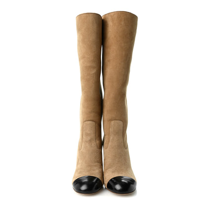 Chanel Suede Lambskin Shiny Calfskin Sherpa CC High Boots 38 Light Beige Black 2 of 9