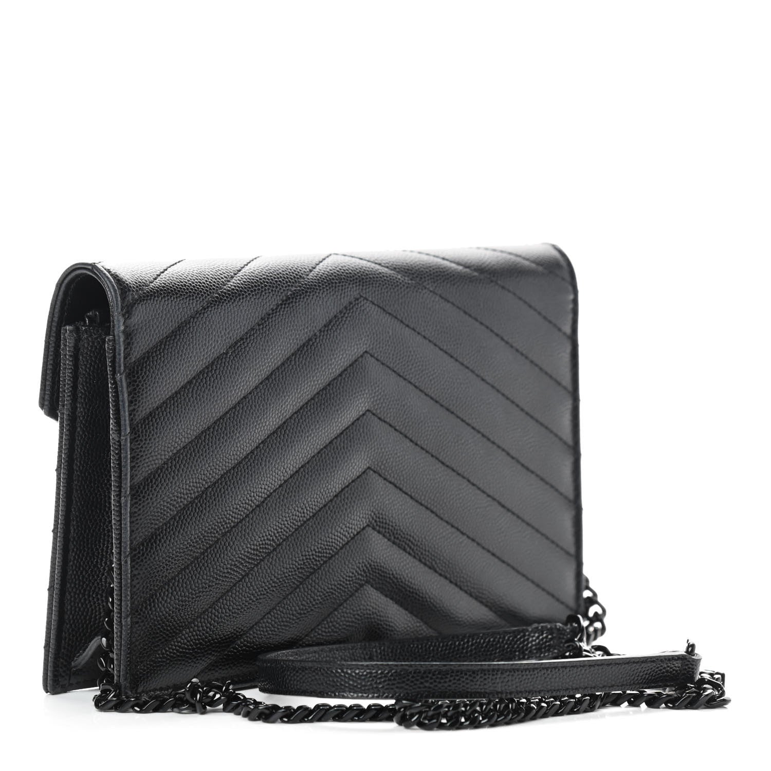 Saint Laurent Grain De Poudre Matelasse Chevron Monogram Envelope Chain Wallet Black 3 of 9