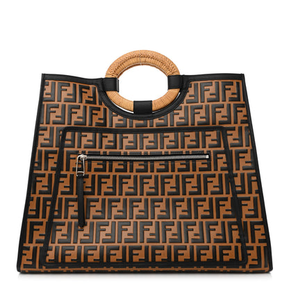 Fendi Vitello Century Wicker FF Embossed Large Runaway Shopper Tote Tobacco Black 1 of 11