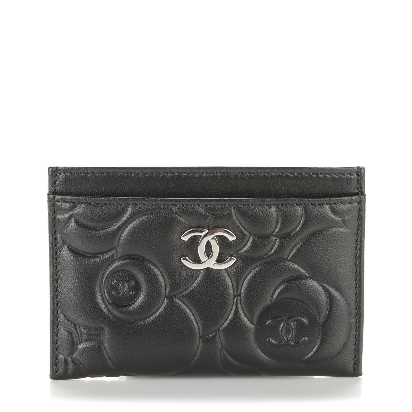 Lambskin Camellia Embossed Card Holder Black