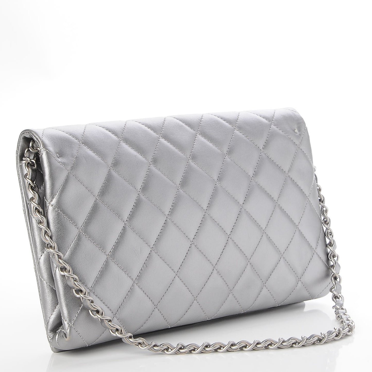 Metallic Lambskin Quilted Medium Leo Lion Flap Clutch Silver