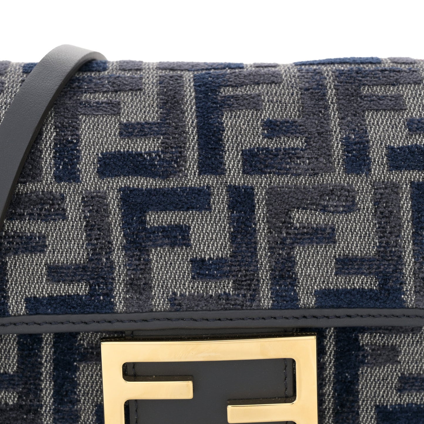 Chenille Vitello Grace FF Embroidered Mini Baguette Dark Blue Grey