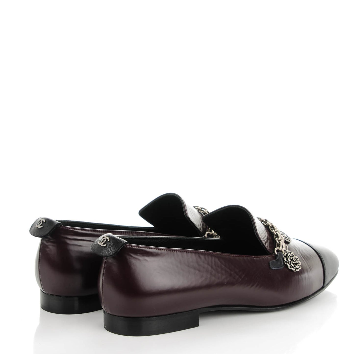 Crackled Goatskin Lambskin Cap Toe CC Charm Loafers 37.5 Dark Burgundy Navy