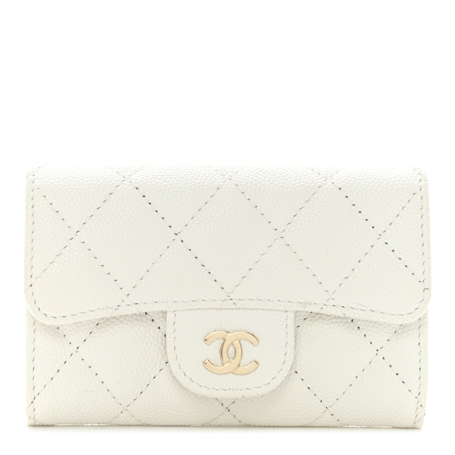 Caviar Quilted Flap Card Holder Wallet White