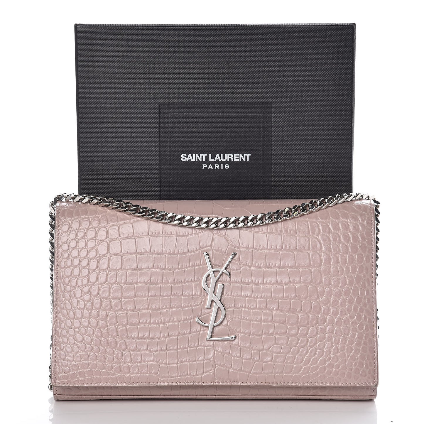 Calfskin Crocodile Embossed Monogram Chain Wallet Rose Antic