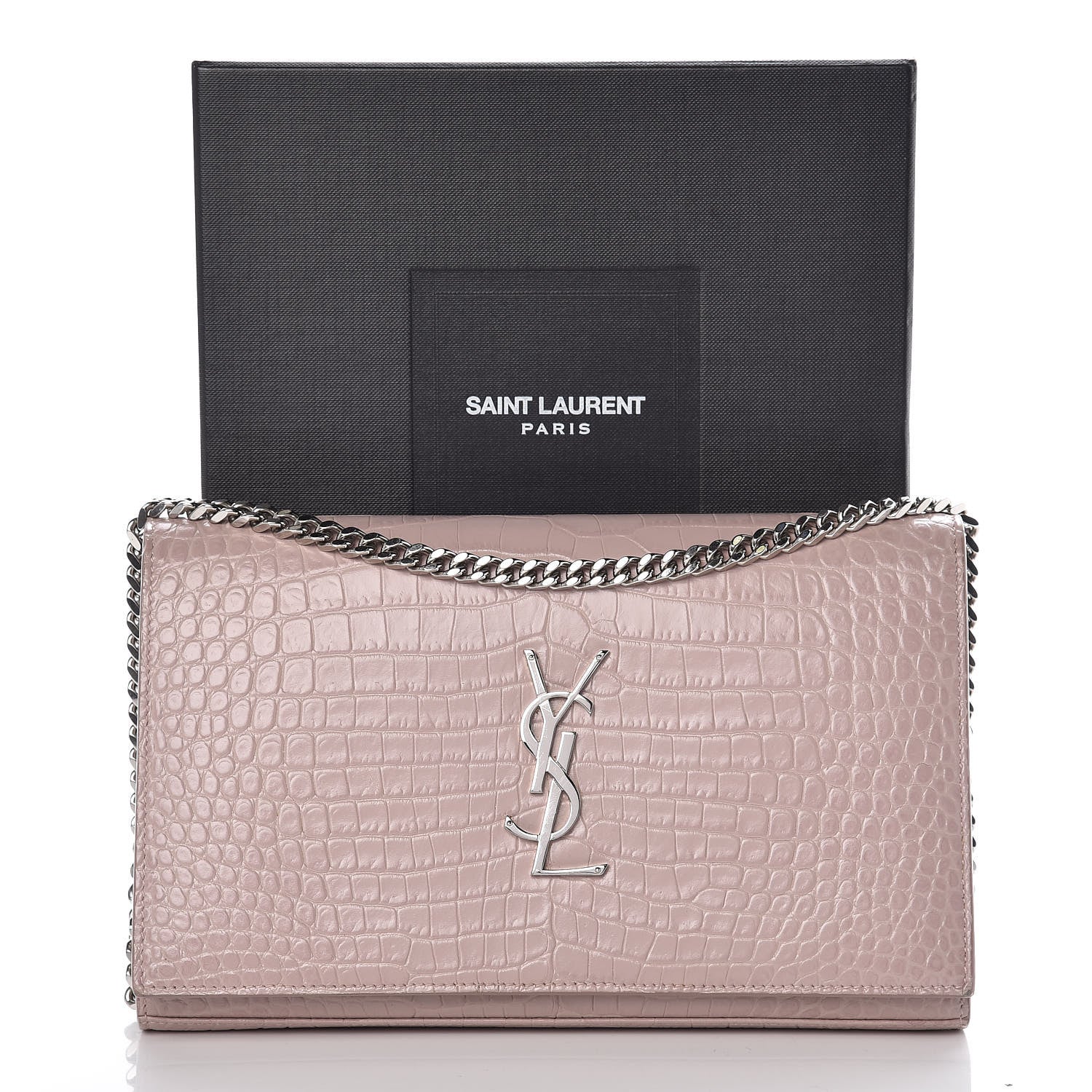Saint Laurent Calfskin Crocodile Embossed Monogram Chain Wallet Rose Antic 9 of 9