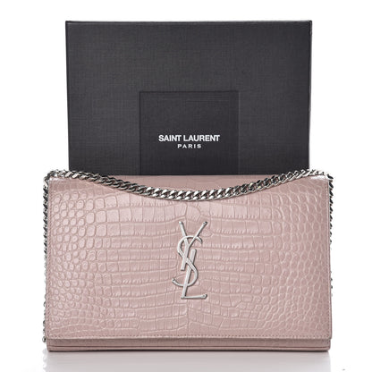 Saint Laurent Calfskin Crocodile Embossed Monogram Chain Wallet Rose Antic 9 of 9