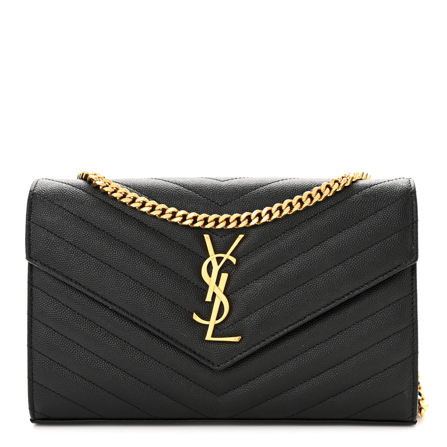 Saint Laurent Grain De Poudre Matelasse Chevron Monogram Chain Wallet Black 1 of 10
