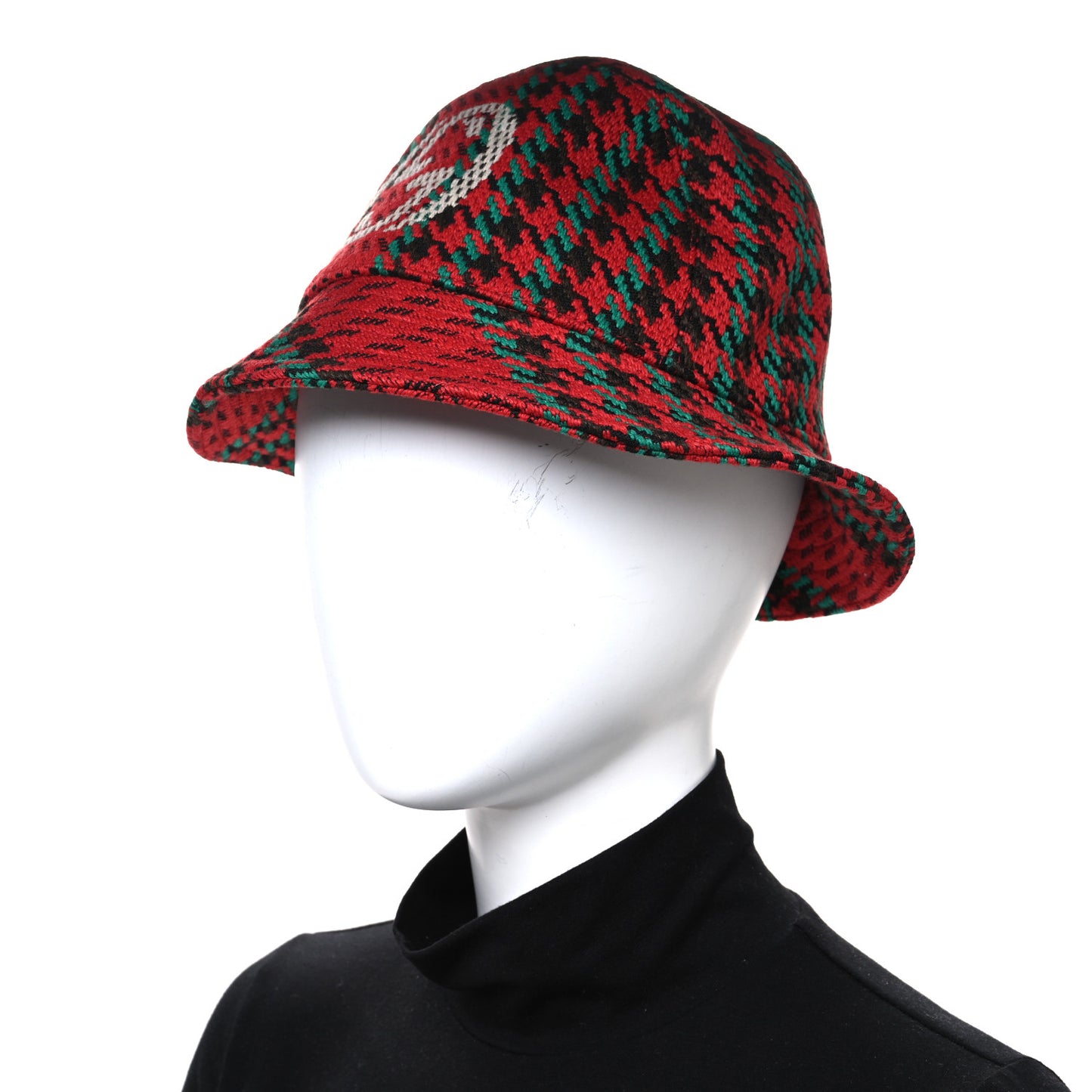 Tweed Wool Houndstooth Interlocking G Bucket Hat M Red Green
