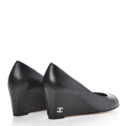 Chanel Lambskin Patent Cap Toe Wedges 35.5 Black 4 of 8