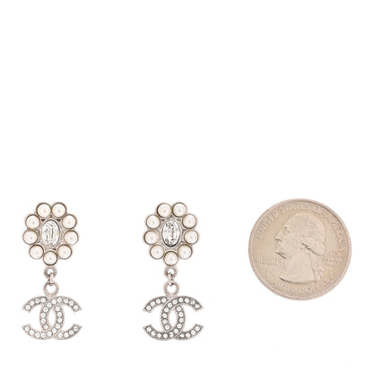 Chanel Crystal Pearl Coco Mark CC Drop Earrings Silver 2 of 5