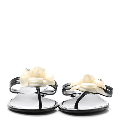 Chanel Jelly Quilted Camellia Thong Sandals 39 Black White 2 of 7