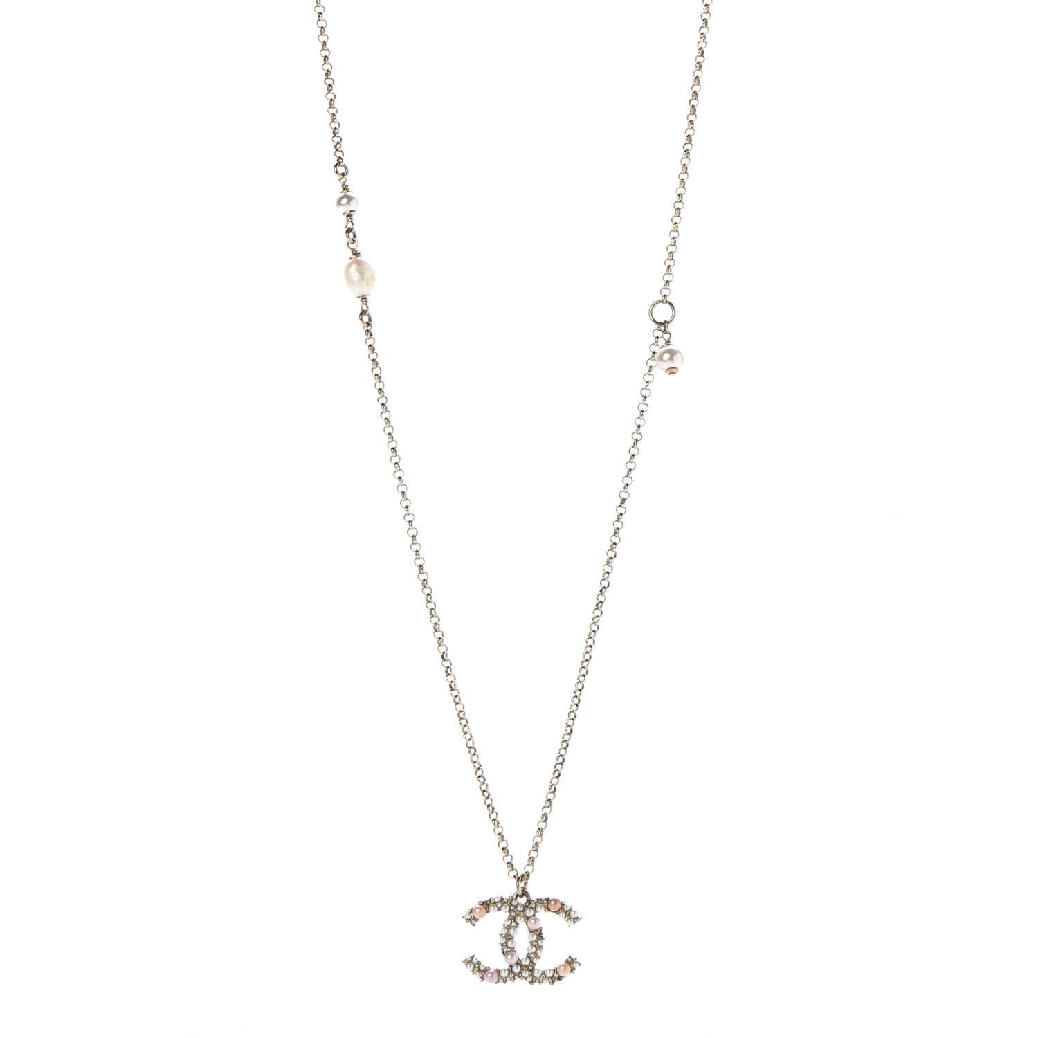 Chanel Crystal Pearl CC Pendant Necklace Gold Pink 1 of 8