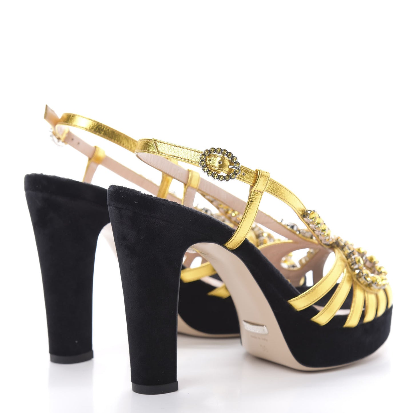 Velvet Nappa Crystal Zephyra Slingback Platform High Heel Sandals 36 Black Gold