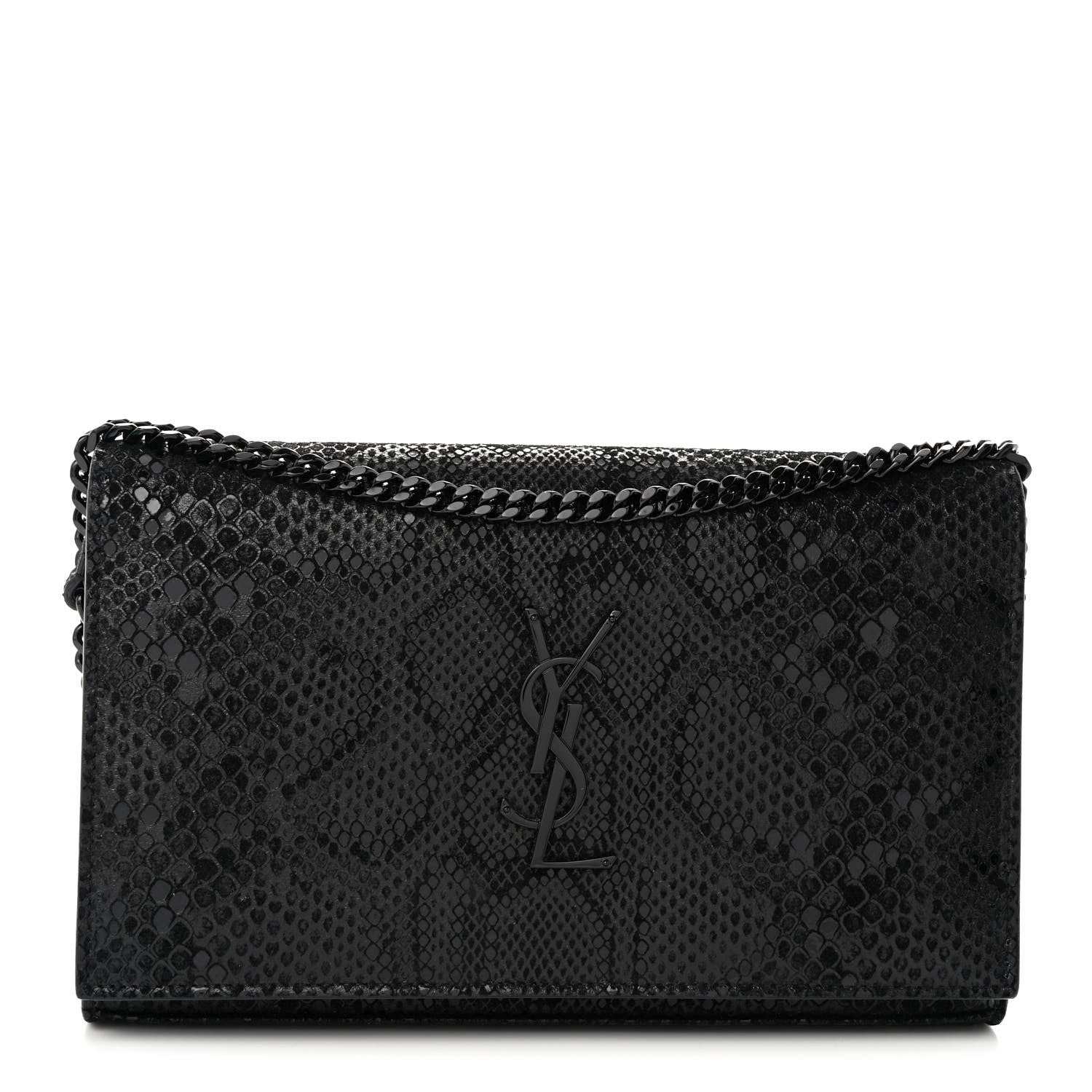Saint Laurent Calfskin Snakeskin Effect Monogram Chain Wallet Black 1 of 10
