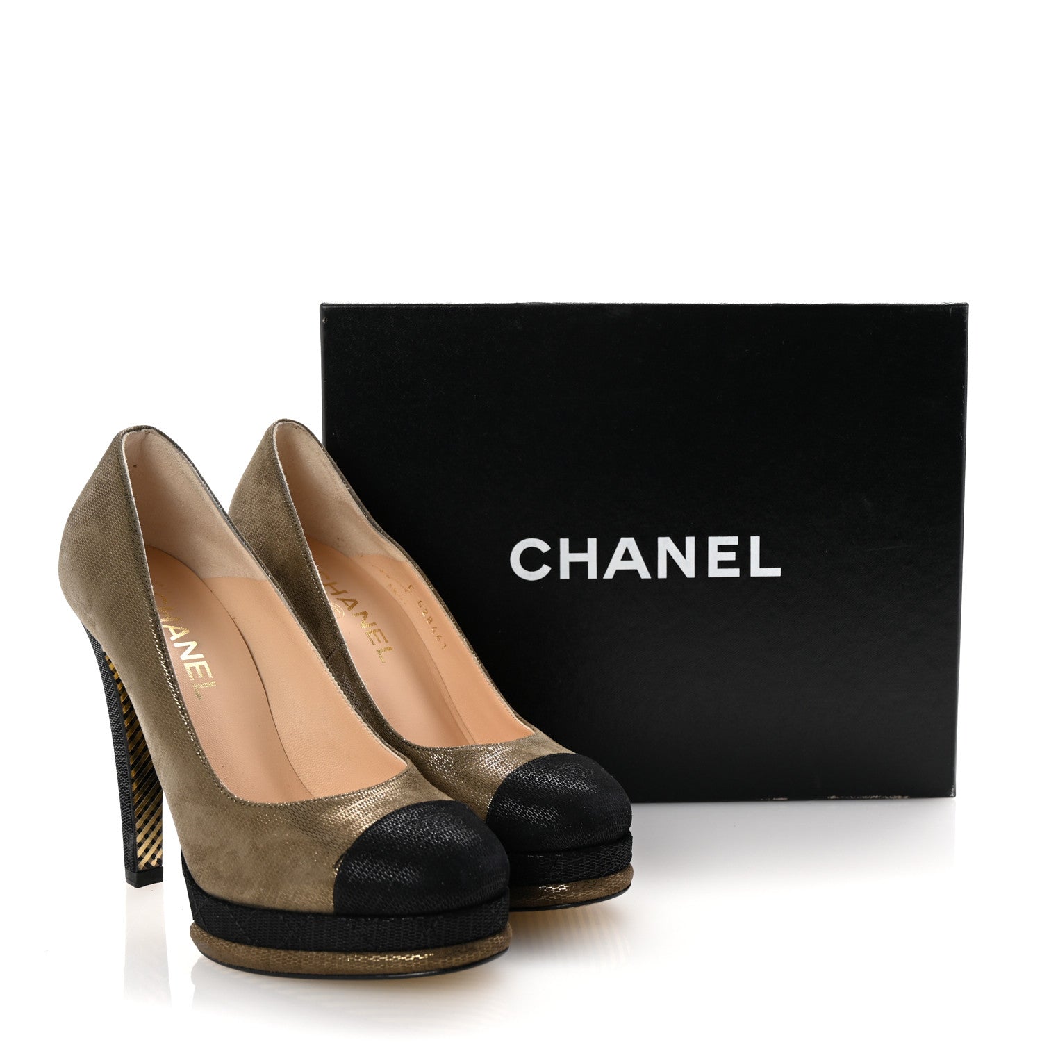 Chanel Metallic Fabric CC Cap Toe Pumps 38.5 Khaki Black 10 of 10