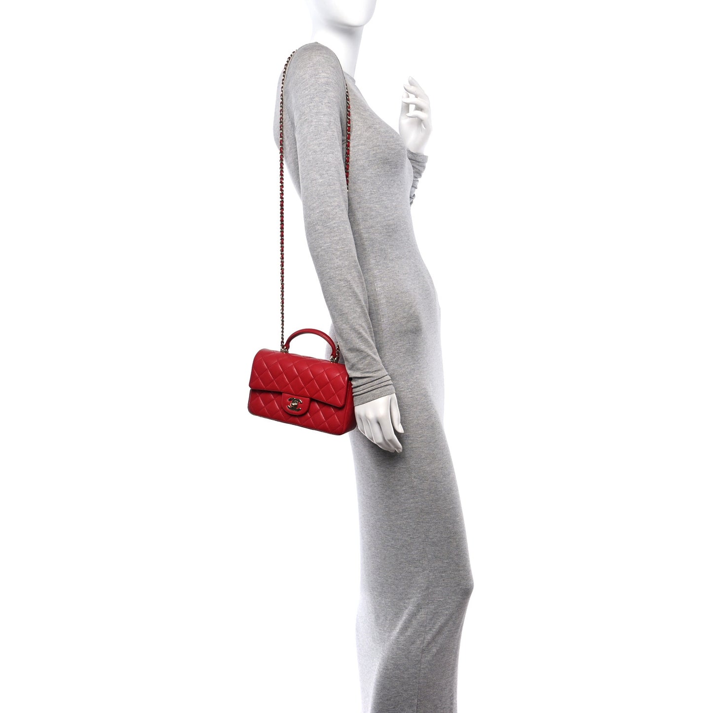 Lambskin Quilted Mini Top Handle Rectangular Flap Red