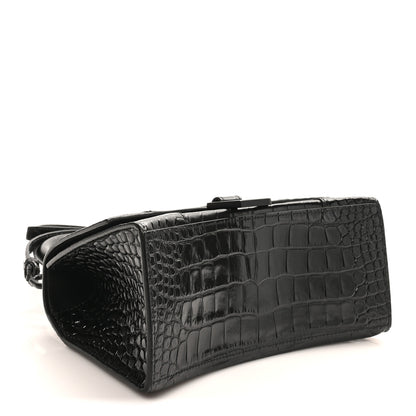 Balenciaga Shiny Calfskin Monochrome Crocodile Embossed Small Hourglass Top Handle Bag Black 3 of 9