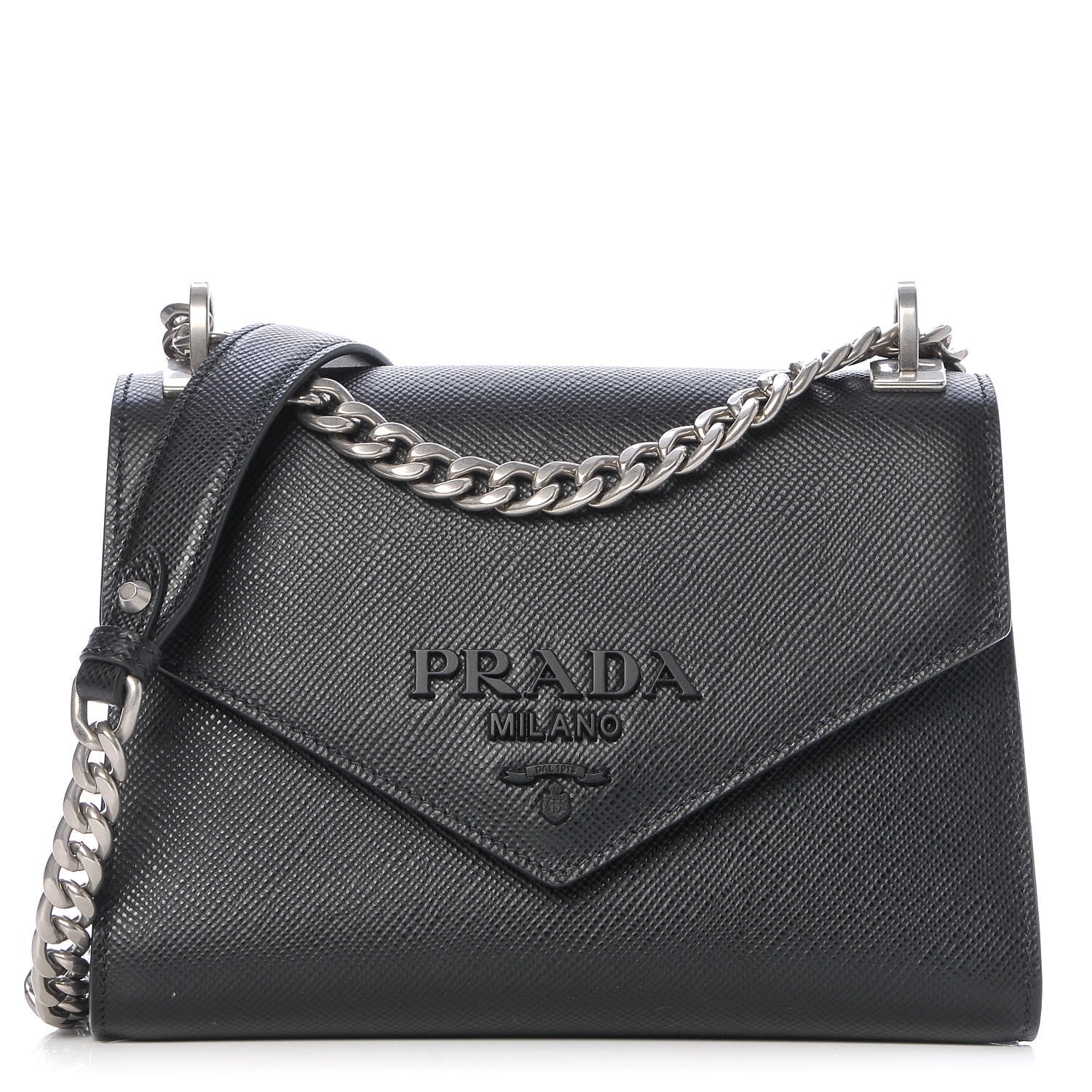 Prada Saffiano Cuir Calfskin Monochrome Envelope Flap Chain Shoulder Bag Black 1 of 7