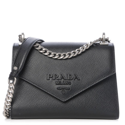 Prada Saffiano Cuir Calfskin Monochrome Envelope Flap Chain Shoulder Bag Black 1 of 7