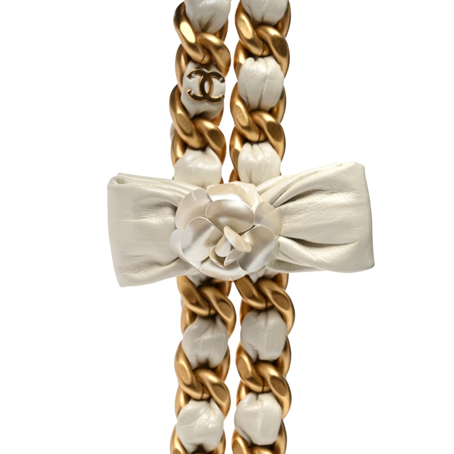 Calfskin Chain Camellia Bow Necklace Gold White