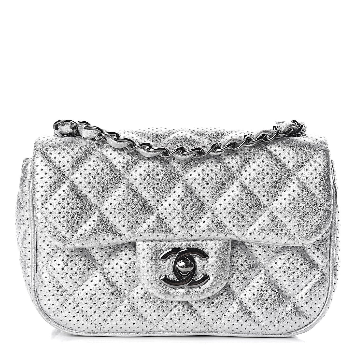 Metallic Lambskin Perforated Mini Rectangular Flap Silver
