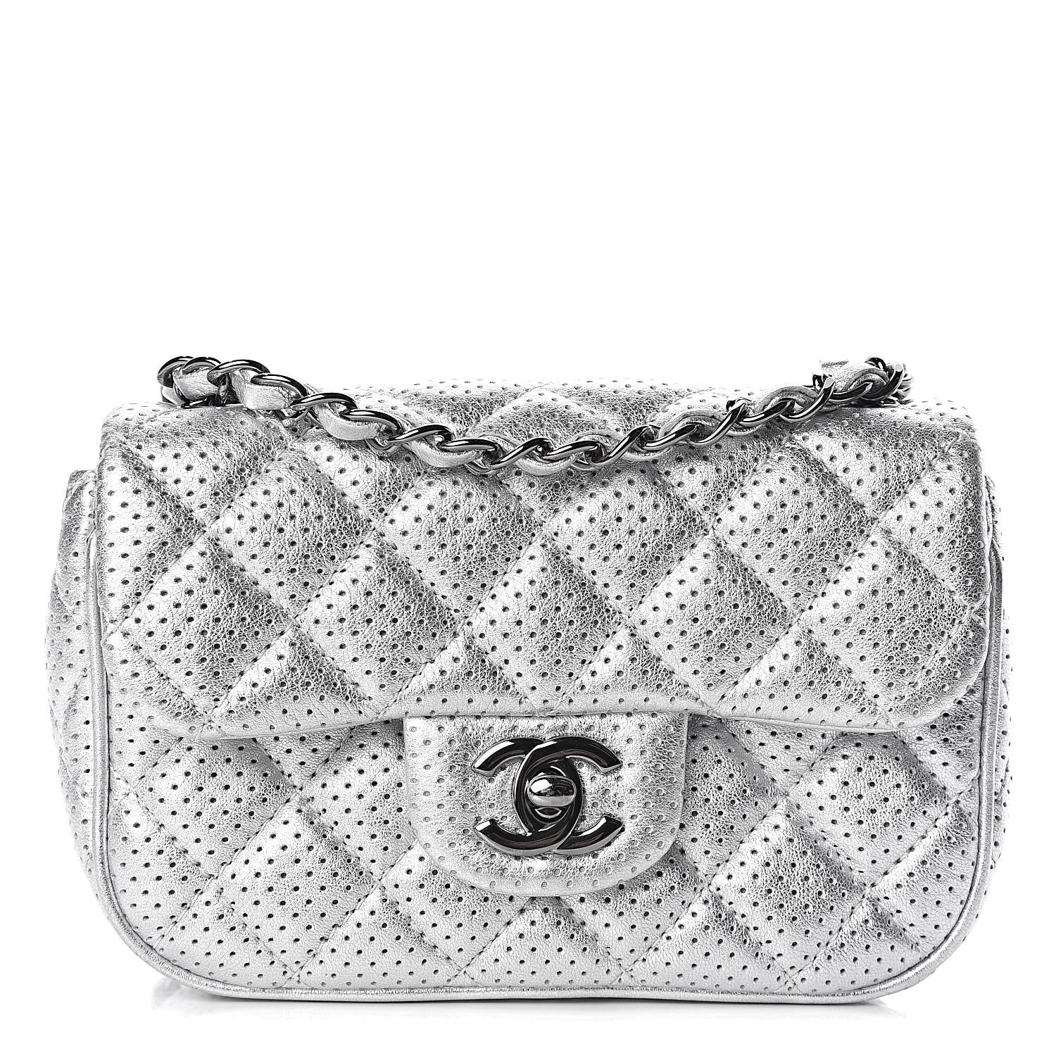Chanel Metallic Lambskin Perforated Mini Rectangular Flap Silver 1 of 10