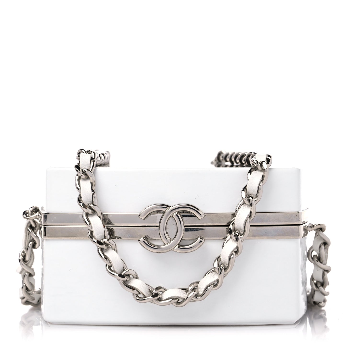 Patent Goatskin Quilted Clutch With Chain White