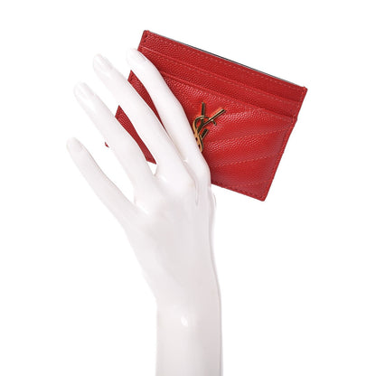 Saint Laurent Grain De Poudre Matelasse Chevron Monogram Credit Card Case New Red 2 of 9