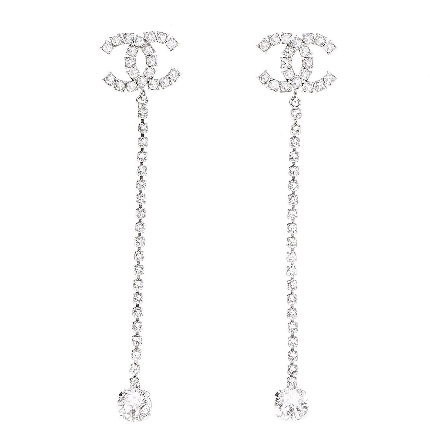 Metal Baguette Round Crystal CC Drop Long Earrings Silver
