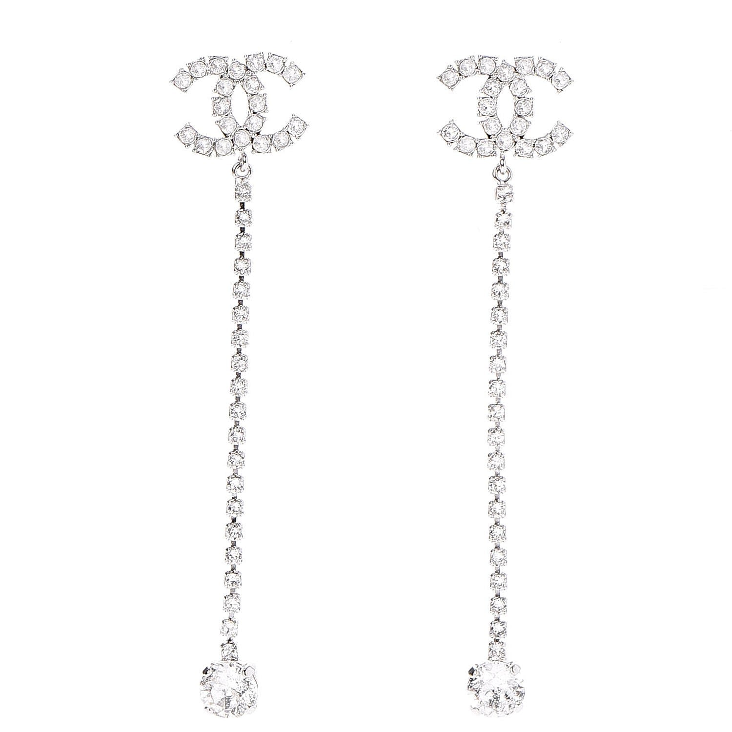 Chanel Metal Baguette Round Crystal CC Drop Long Earrings Silver 1 of 5