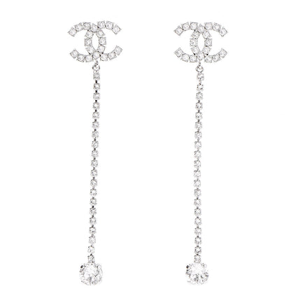 Chanel Metal Baguette Round Crystal CC Drop Long Earrings Silver 1 of 5
