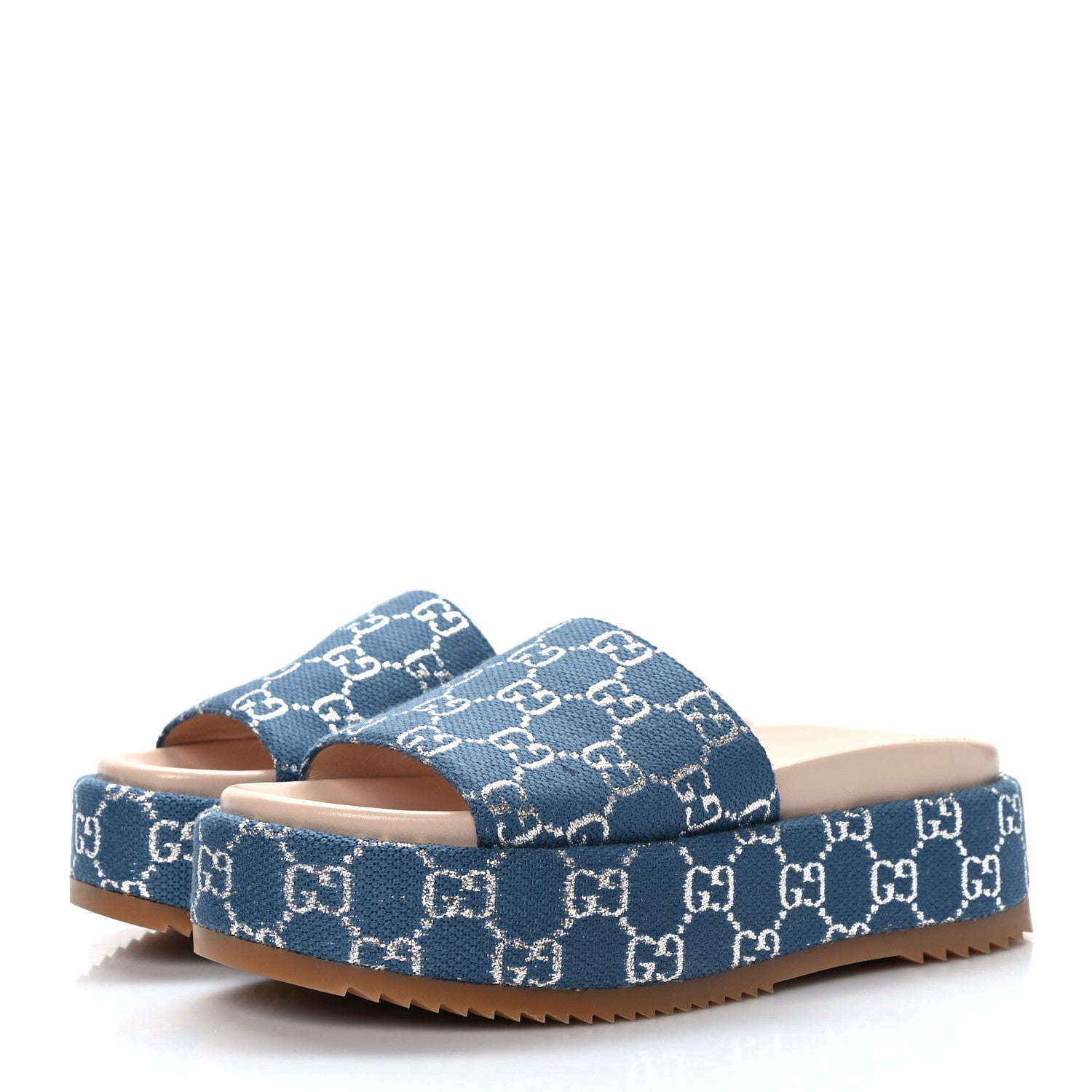 Gucci Canvas Lame GG Monogram Angelina Platform 55mm Slide Sandals 38 Blue Silver 3 of 8