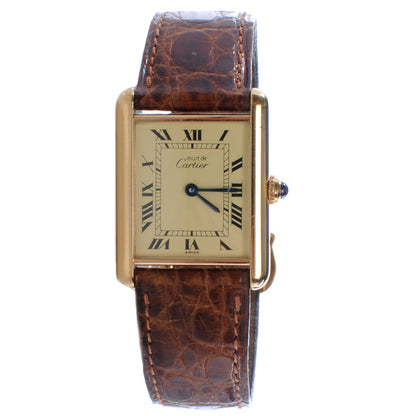 Cartier Sterling Silver Vermeil Alligator 20mm Must de Cartier Tank Quartz Watch Brown 1 of 7