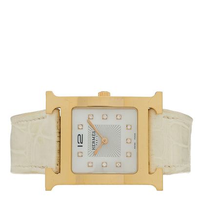 Hermes Stainless Steel Alligator Diamond Mother of Pearl 26mm Heure H Hour Quartz Watch Blanc 2 of 4