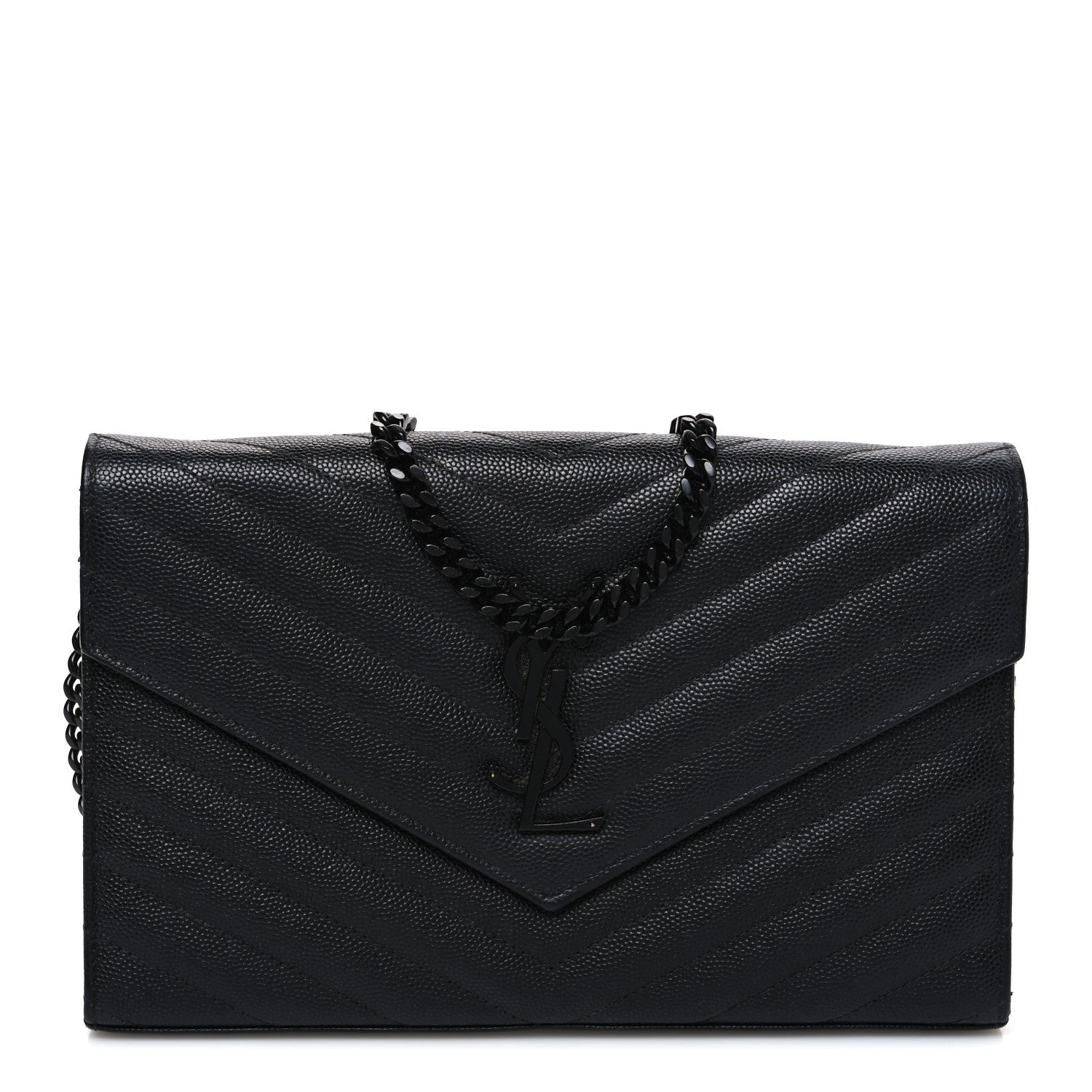 Saint Laurent Grain De Poudre Matelasse Chevron Monogram Monochrome Envelope Chain Wallet Black 1 of 9