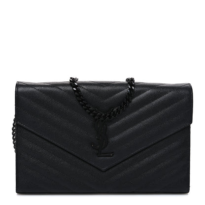 Saint Laurent Grain De Poudre Matelasse Chevron Monogram Monochrome Envelope Chain Wallet Black 1 of 9