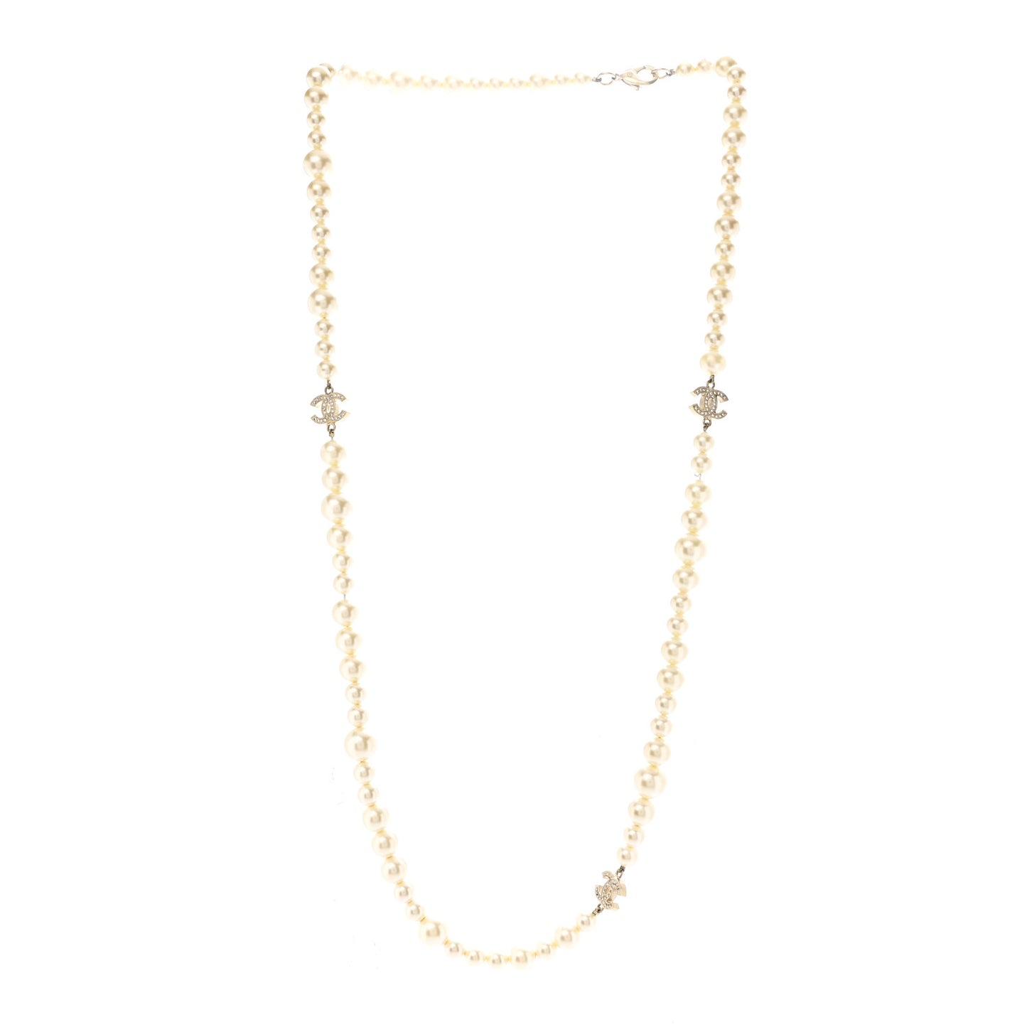 Graduated Pearl Crystal CC Long Necklace Light Gold