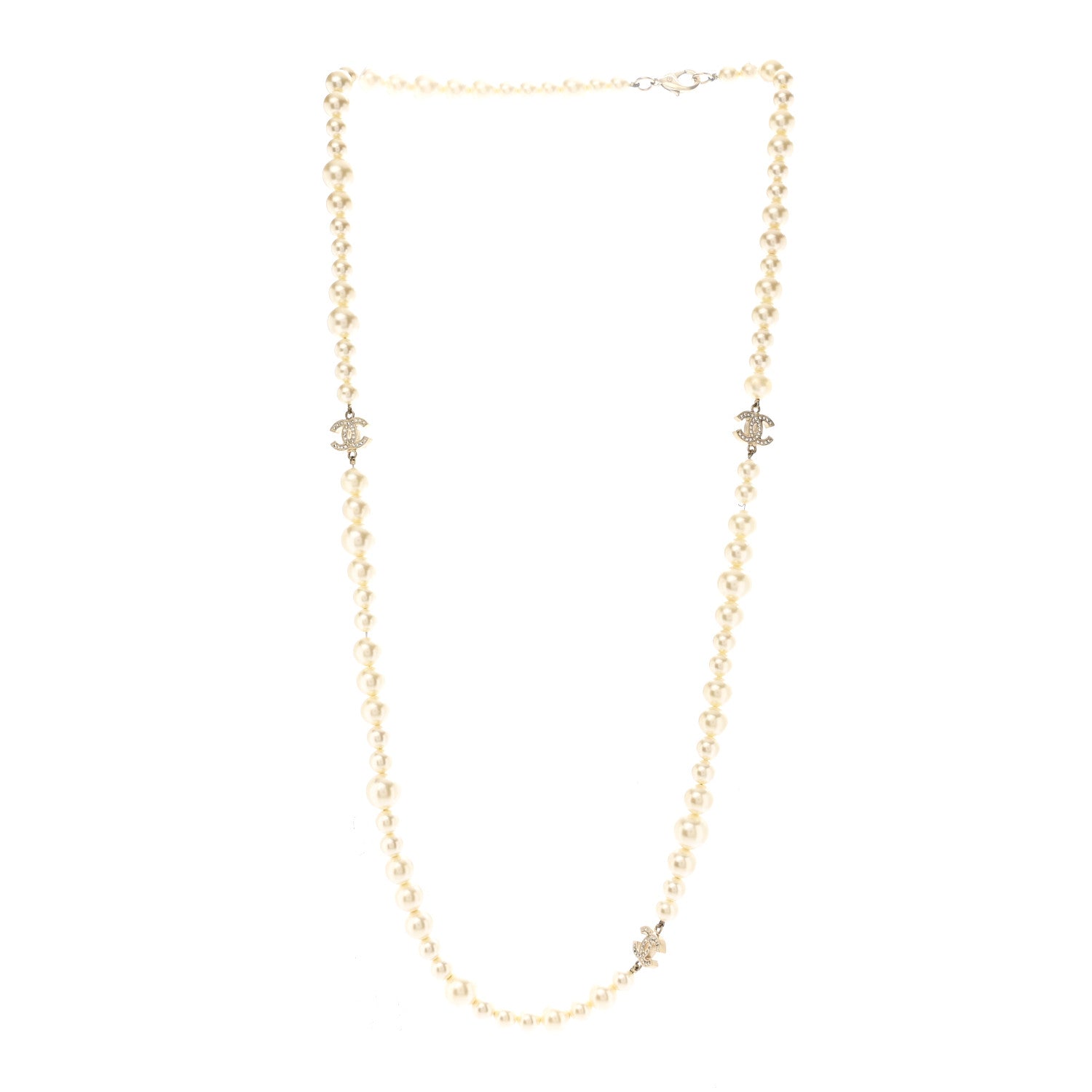 Chanel Graduated Pearl Crystal CC Long Necklace Light Gold 3 of 7