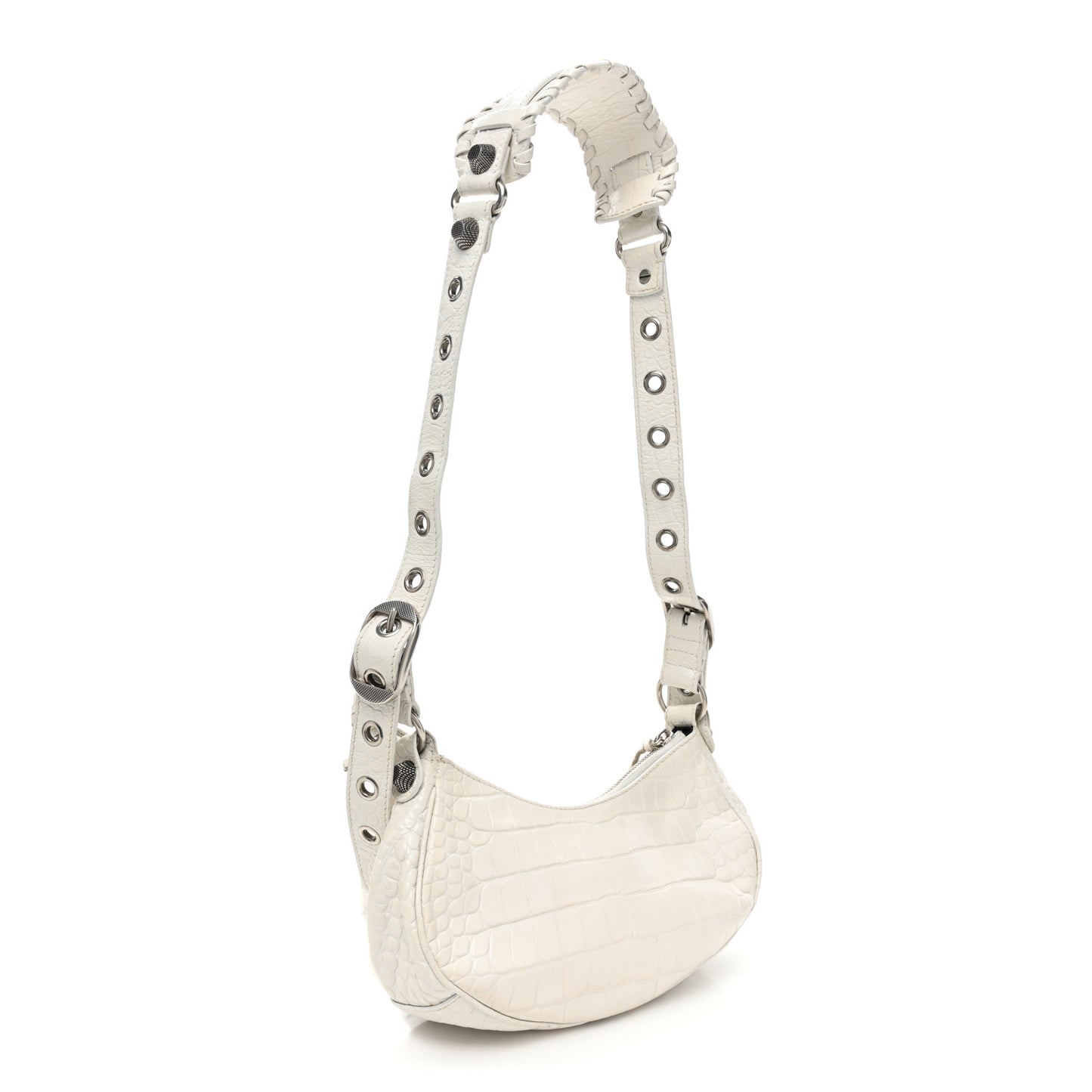 Extra Supple Calfskin Crocodile Embossed Le Cagole Shoulder Bag XS White
