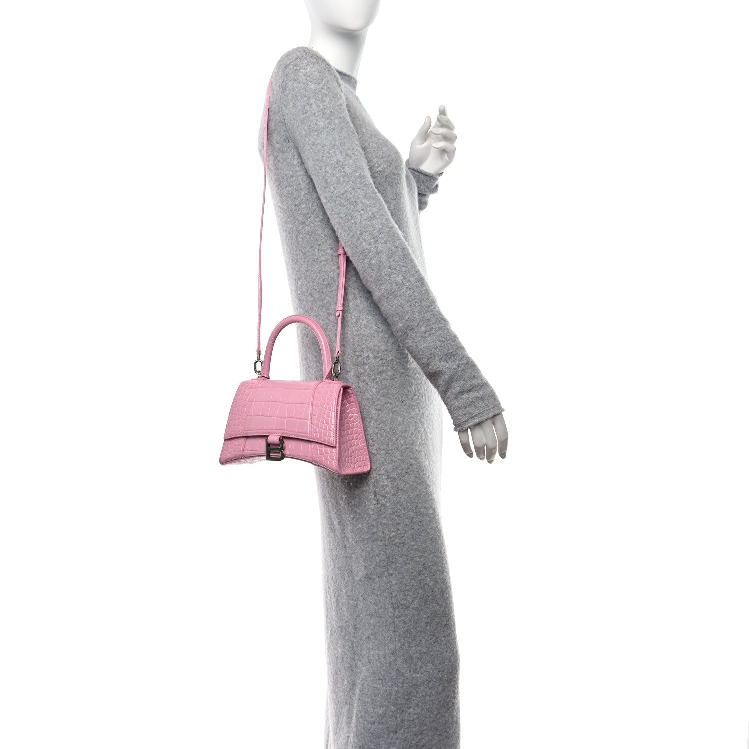 Balenciaga Semi Shiny Calfskin Crocodile Embossed Small Hourglass Top Handle Bag Candy Pink 2 of 12