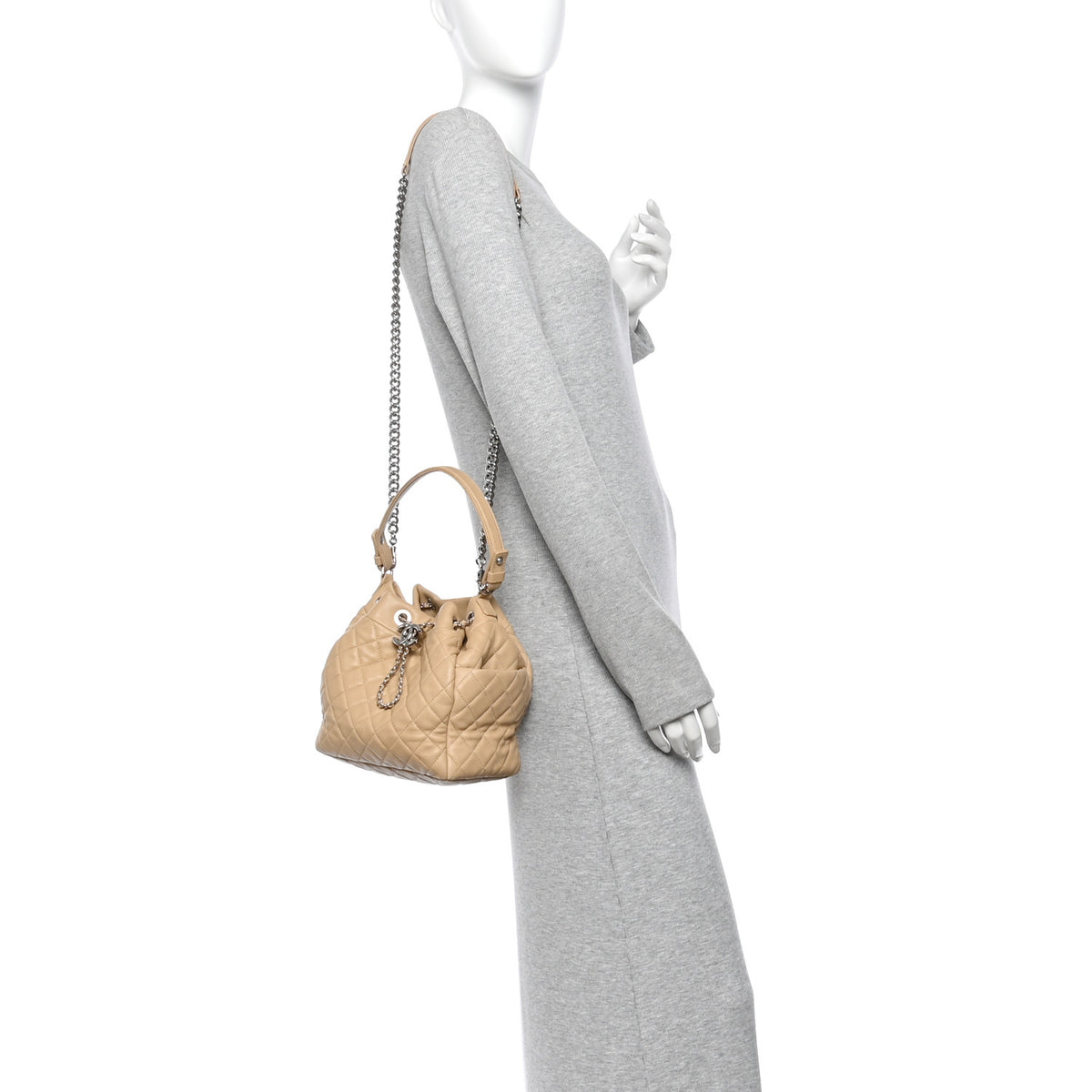 Lambskin Quilted Small CC Chain Bucket Drawstring Bag Light Beige