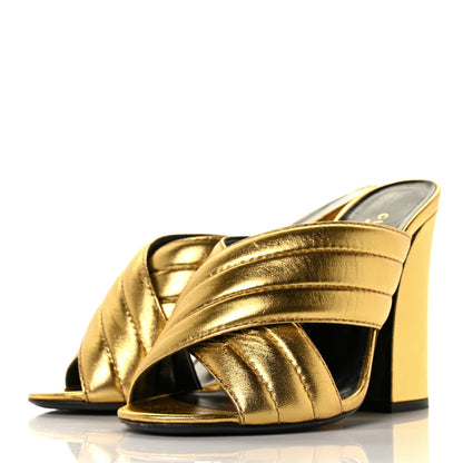 Gucci Metallic Nappa Webby Crossover High Heel Slide Sandals 37 Oro Vecchio 3 of 9